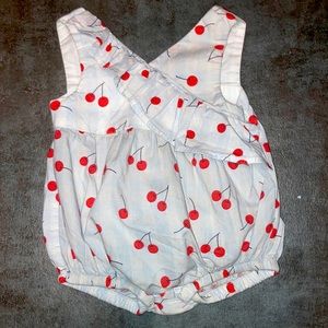 Cat & Jack, 12 M, Pale blue and white striped romper w red cherries